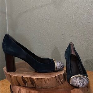 TORY BURCH PACEY SUEDE SNAKE PRINT BLOCK HEEL PUMPS